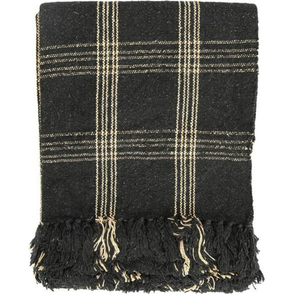 Plaid woven cotton throw blanket black tan fringe farmhouse rustic home decor 60